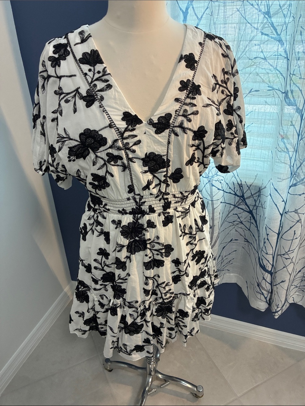 Maison Tara White Dress with Black Floral Embroidery